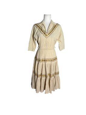 Vintage 50s Patio Dress Small Cream Gold 3/4 Sleeves Collared Elastic Waist